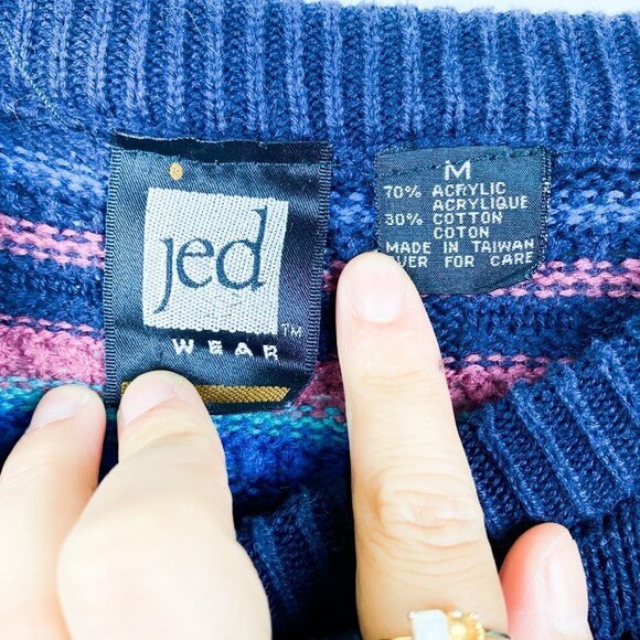 🦋 VINTAGE Tribal Navy Blue Aztec Sweater Medium Casual Fall Holiday Boho Indie - Picture 3 of 3